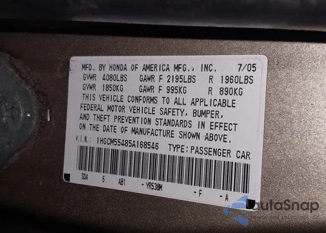 2005 Honda Accord 2.4 Lx from USA, damaged, VIN 1HGCM55485A168546
